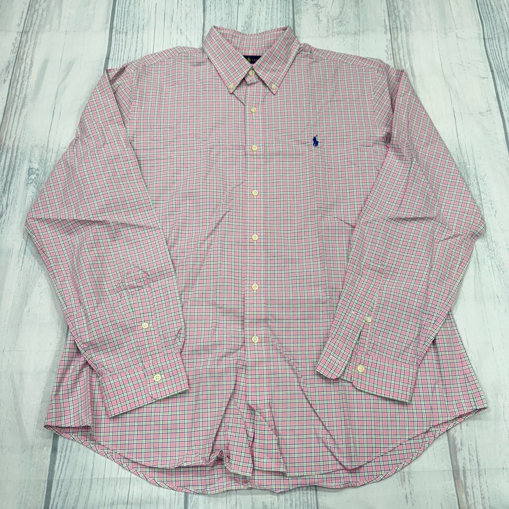 POLO Ralph Lauren Button‎ Down Shirt XL Pink Plaid Blue Pony Cotton Mens